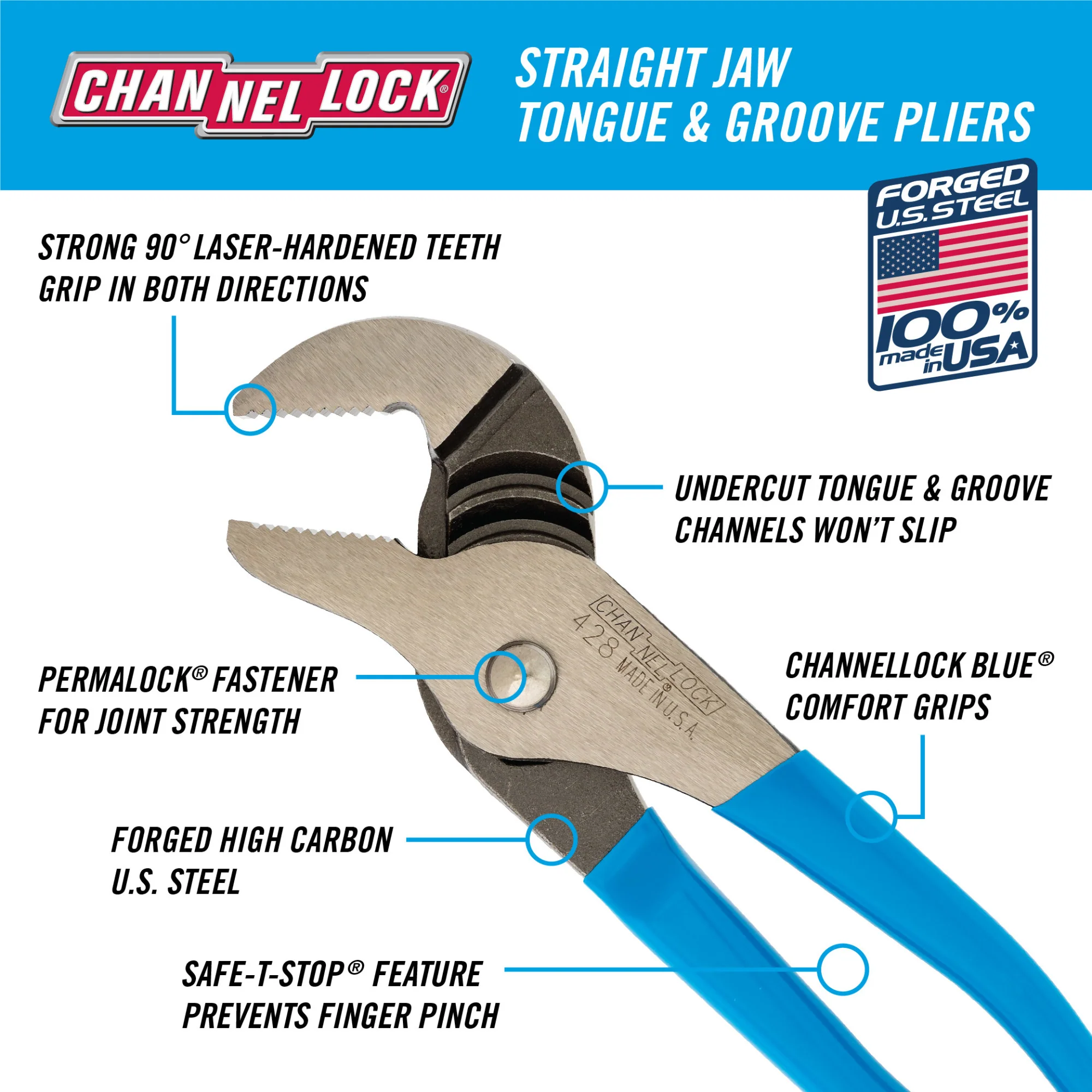 8-inch Straight Jaw Tongue & Groove Pliers (428) - Image 2