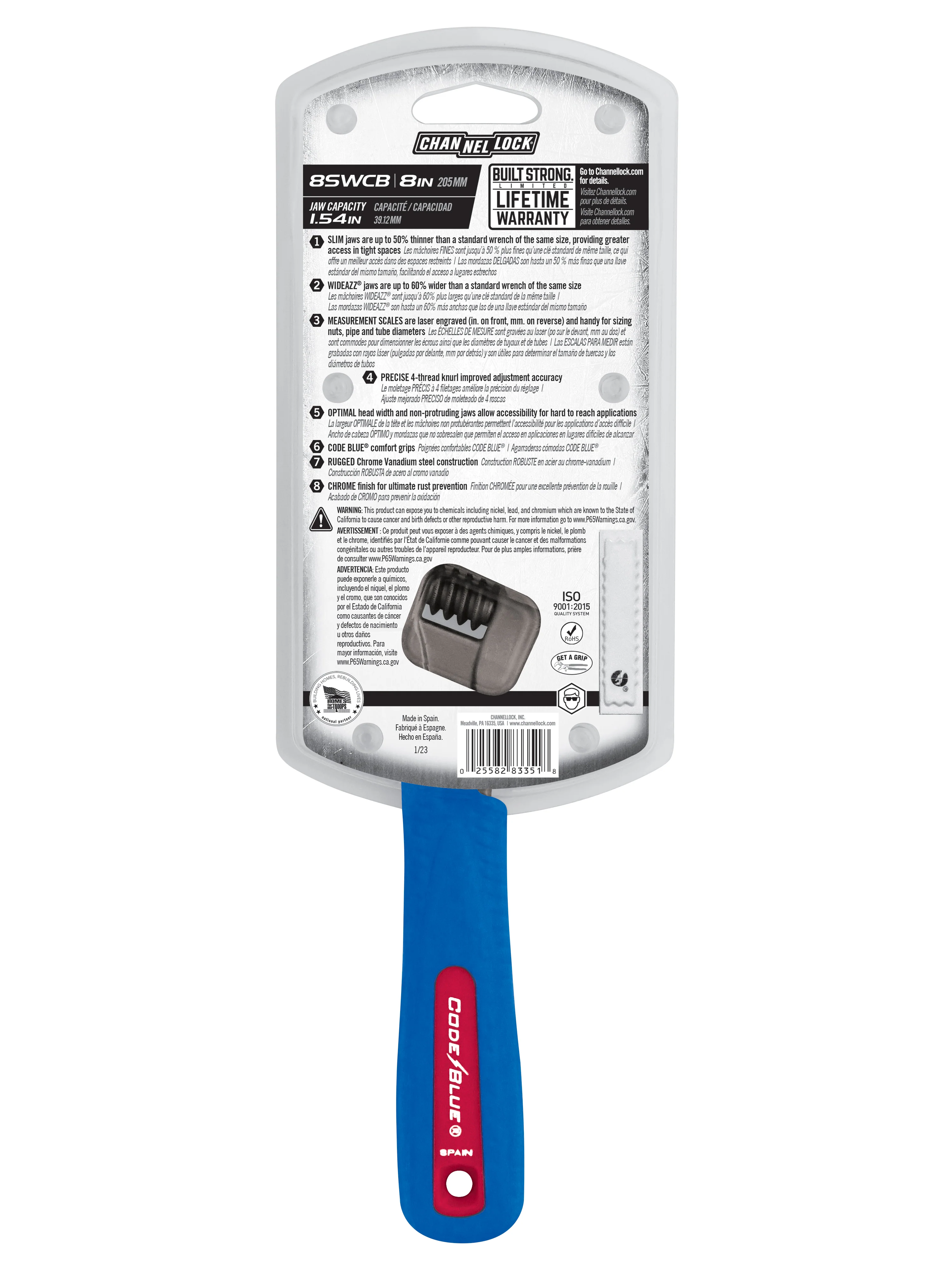8-inch CODE BLUE® WideAzz® Slim Jaw Adjustable Wrench (8SWCB) - Image 9